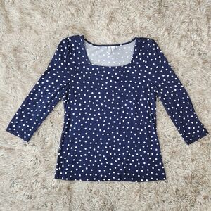 Elle Square Neck 3/4 Sleeve Blue and White‎ Polka Dot Top Women's Size Medium